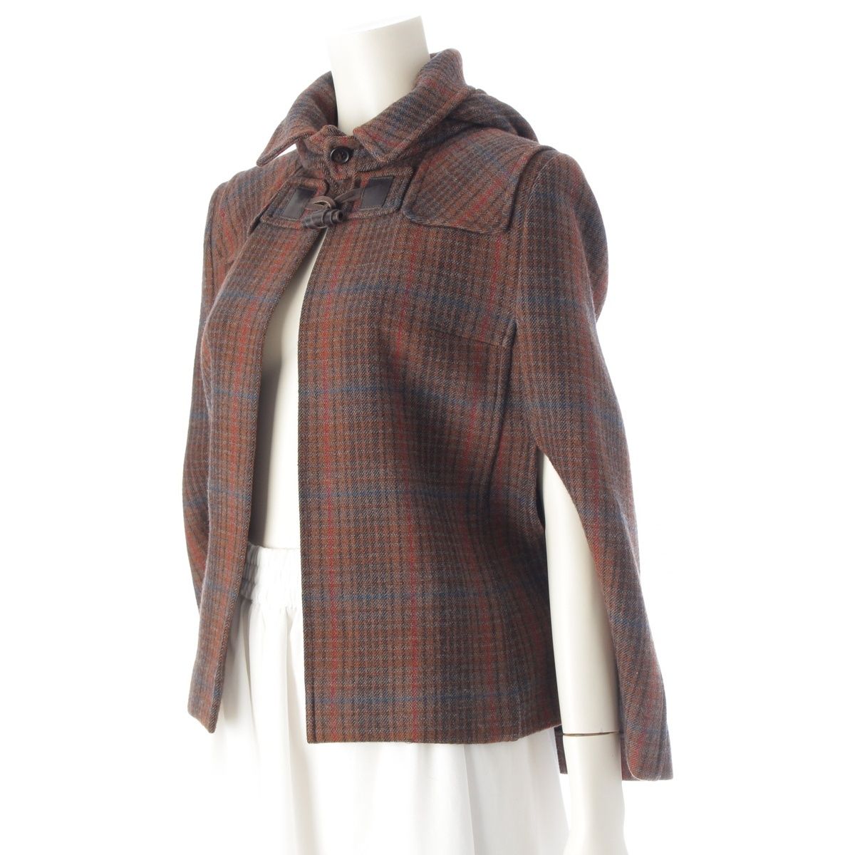 ミュウミュウ ウール チェック柄 フード付き ケープ ポンチョ コート ブラウン 38