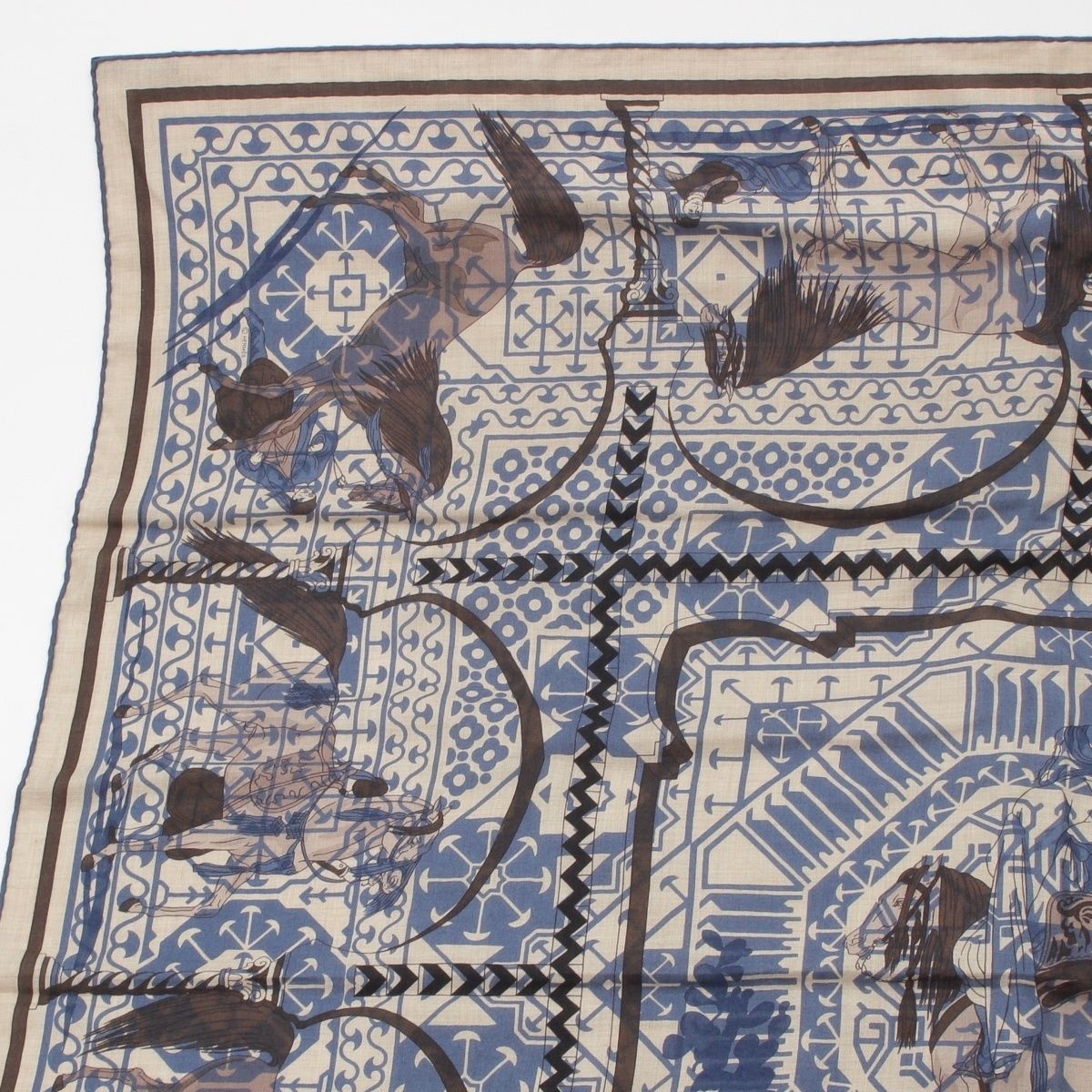 エルメス カレジェアン 140 Imprimeur Fou Charabia カシミヤ シルク 馬柄 ストール ショール ブルー