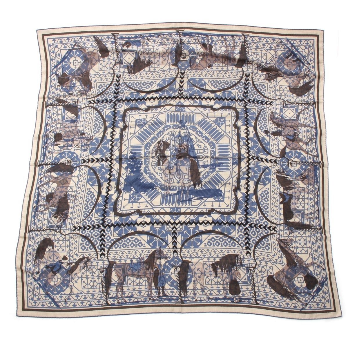 エルメス カレジェアン 140 Imprimeur Fou Charabia カシミヤ シルク 馬柄 ストール ショール ブルー