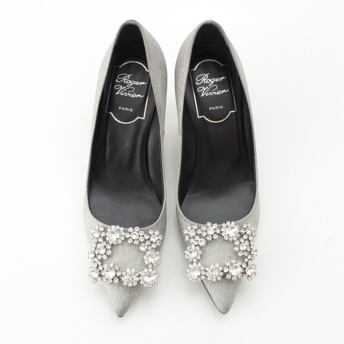 ロジェヴィヴィエ エフロレッセンス グリッター ビジュー ポインテッドトゥ パンプス シューズ シルバー 34