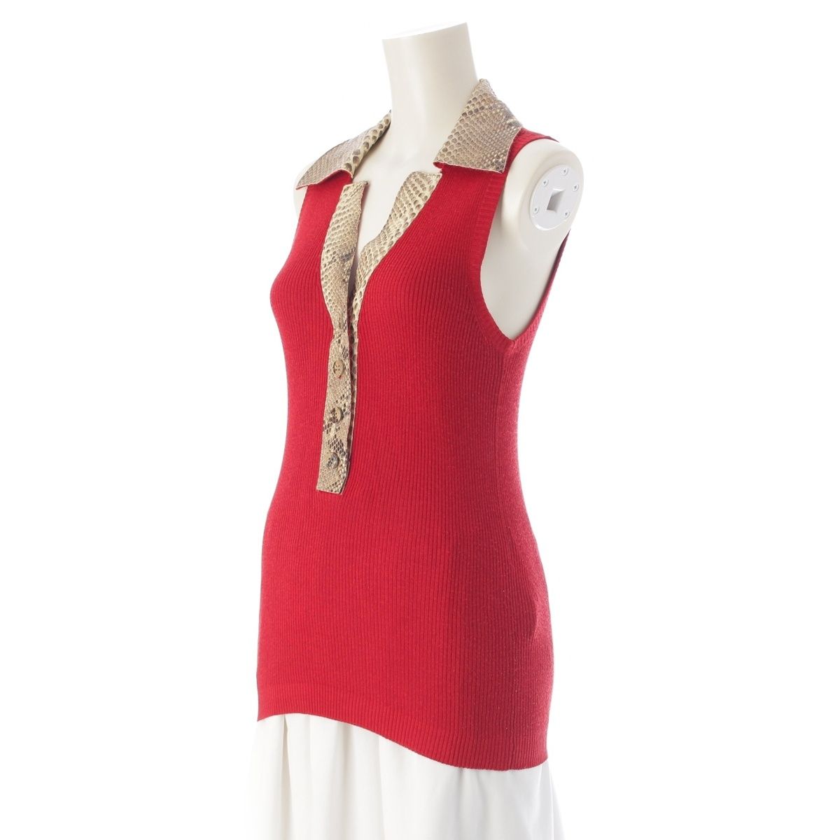 ドルチェアンドガッバーナ パイソン 切替 ノースリーブ リブ ニット トップス レッド×ベージュ 40