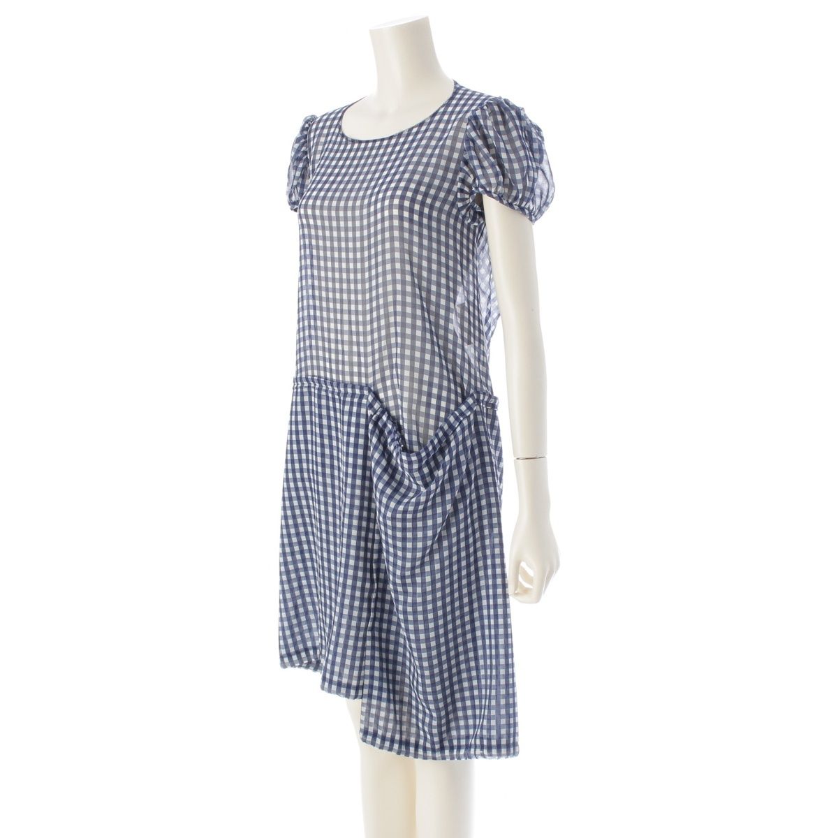 コムデギャルソン AD 2007 08 SS 二次元 平面 ギンガムチェック パフスリーブ シアー ワンピース ドレス GA-O 039 ホワイト ネイビー