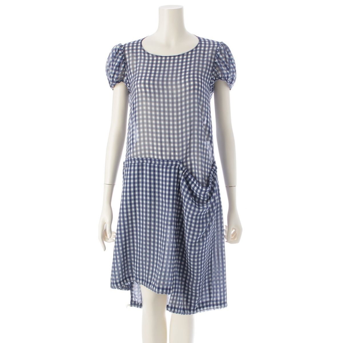 コムデギャルソン AD2007 08SS 二次元 平面 ギンガムチェック パフスリーブ シアー ワンピース ドレス GA-O039 ホワイト ネイビー SS