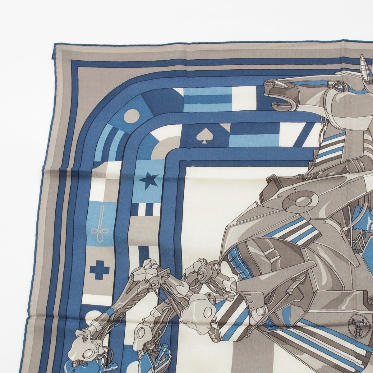 エルメス カレH 100 ROBOCAR ロボカバール カシミヤ シルク スカーフ ブルー×グレー