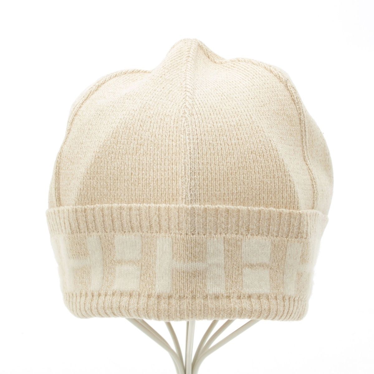 エルメス カシミヤ マルジェラ期 Ｈロゴ ラメ ニットキャップ ビーニー 帽子 ベージュ