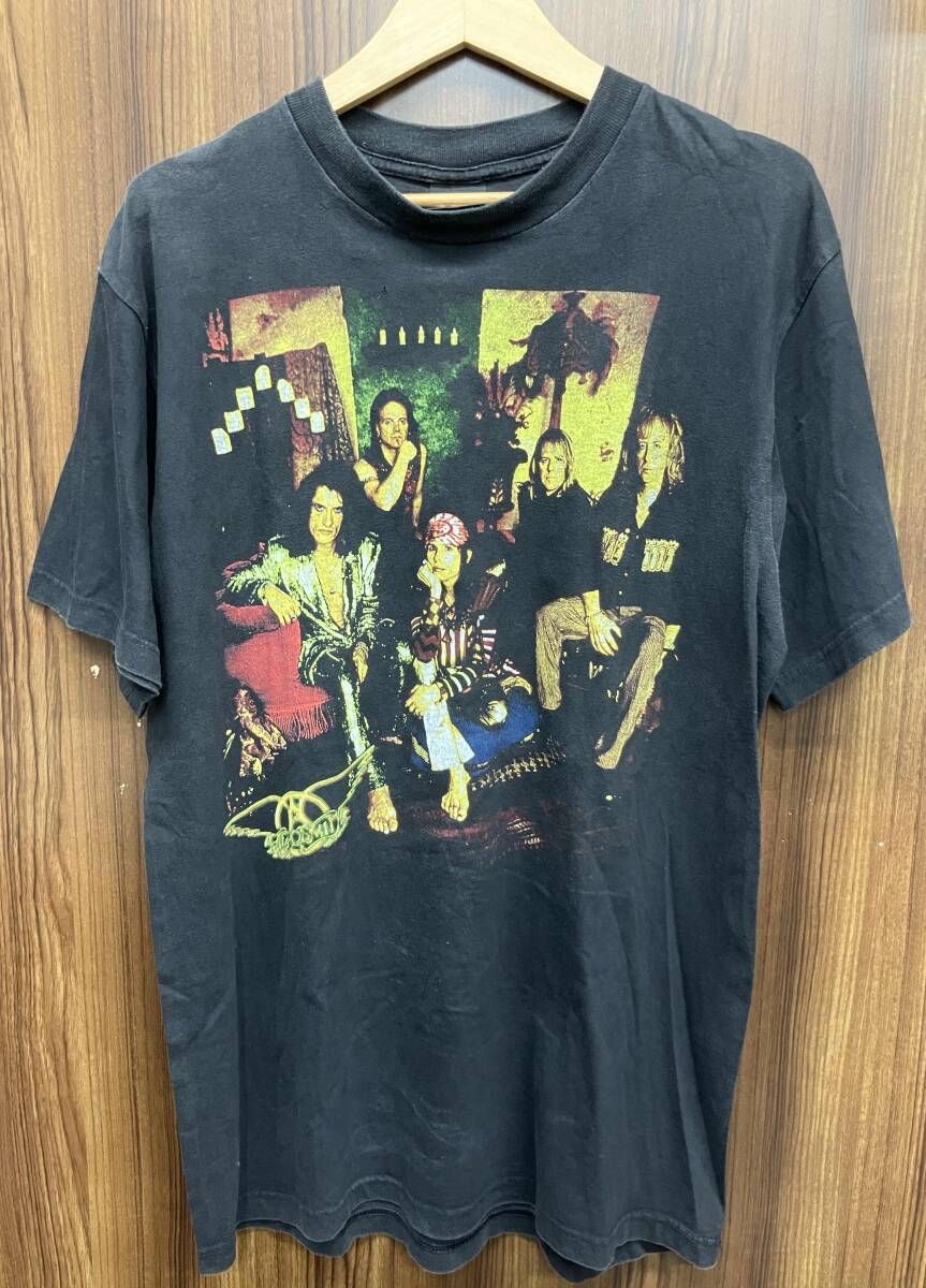 バンドTシャツ Aerosmith エアロスミス 90s クルーネック Tシャツ ブラック サイズL Nine Lives North American Tour ボディ giant