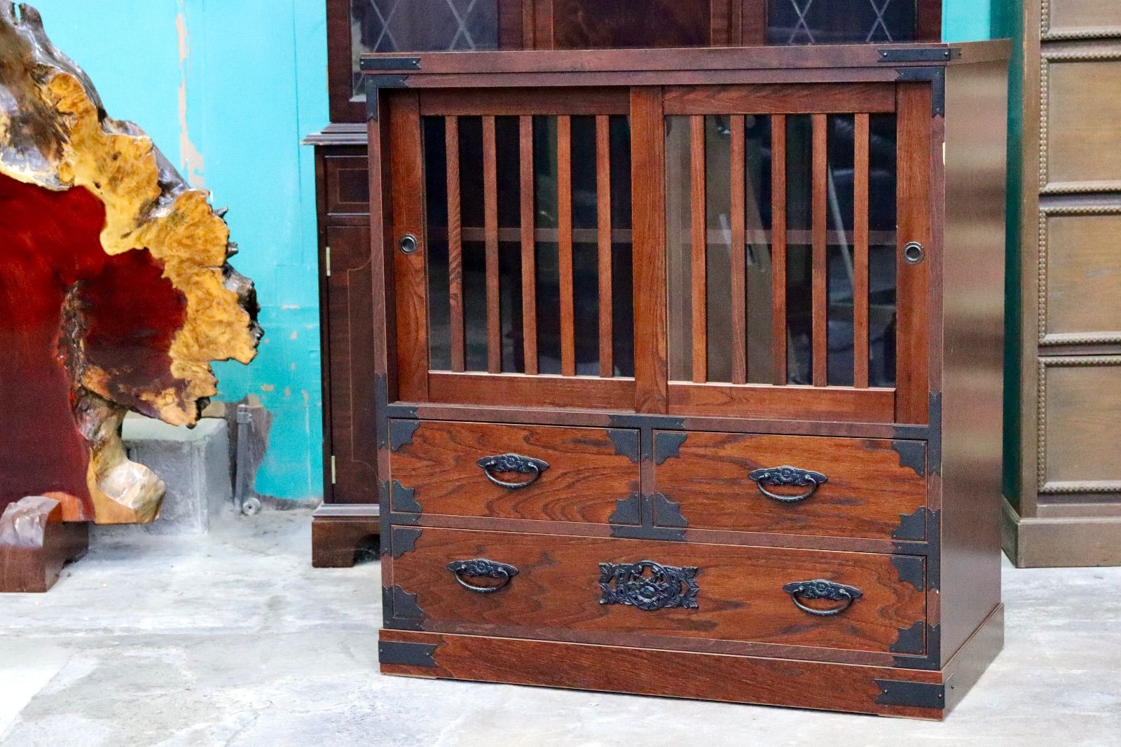 GMIK597○民芸家具 欅 サイドボード 水屋 食器棚 和箪笥 和家具 茶棚