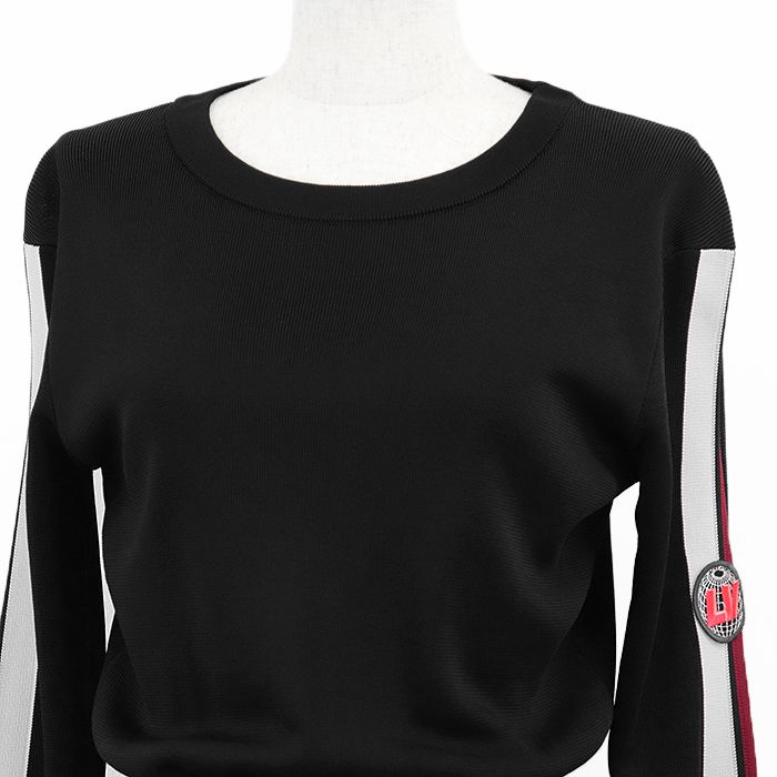 LOUIS VUITTON ルイ ヴィトン ニットワンピース 2020AW レーヨン シルク シグネチャー ロゴ LV モノグラム ロゴ ワッペン ギャザー サイドライン プルオーバー ロングスリーブ 長袖 ドレス レディース S 黒 白 赤 伊製