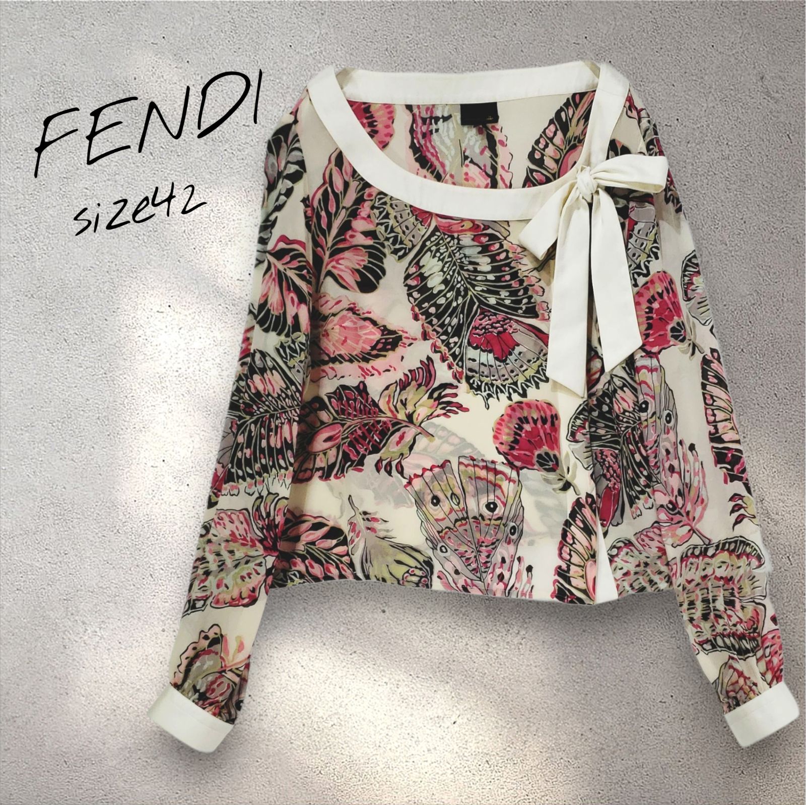 FENDI フェンディ シルク ブラウス フェザープリント トップス Lサイズ
