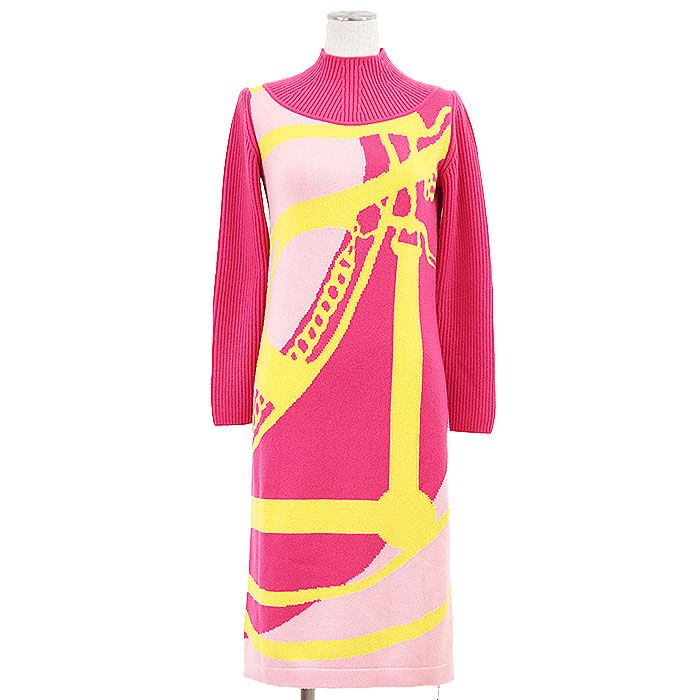 HERMES エルメス ニットワンピース 2025A W カシミヤ ハイネック タイトシルエット プルオーバー ロングスリーブ 長袖 ドレス 共生地 属 レディース サイズ 36 ピンク イエロー 桃 黄 総柄 イタリア製