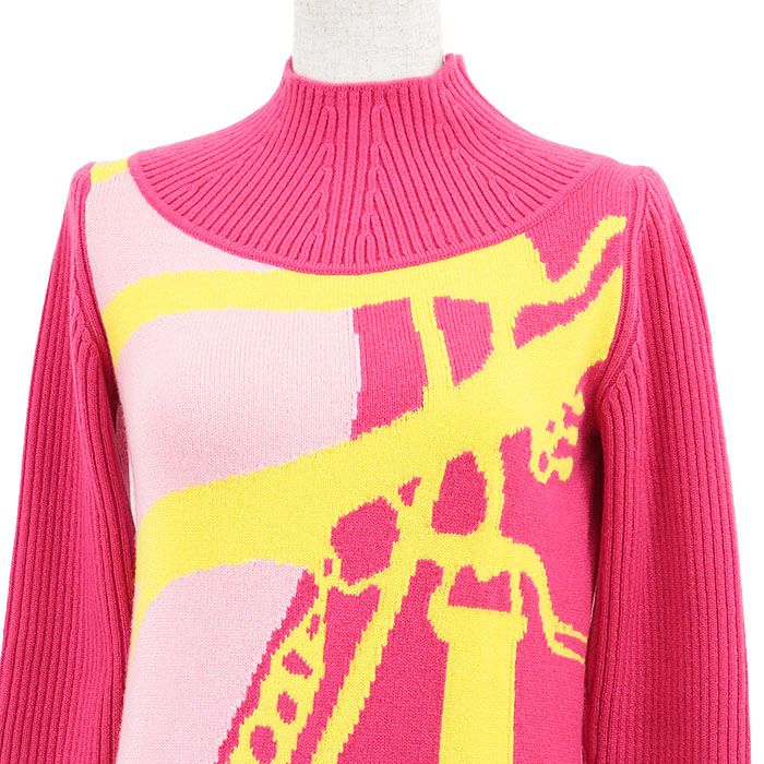 HERMES エルメス ニットワンピース 2025A W カシミヤ ハイネック タイトシルエット プルオーバー ロングスリーブ 長袖 ドレス 共生地 属 レディース サイズ 36 ピンク イエロー 桃 黄 総柄 イタリア製