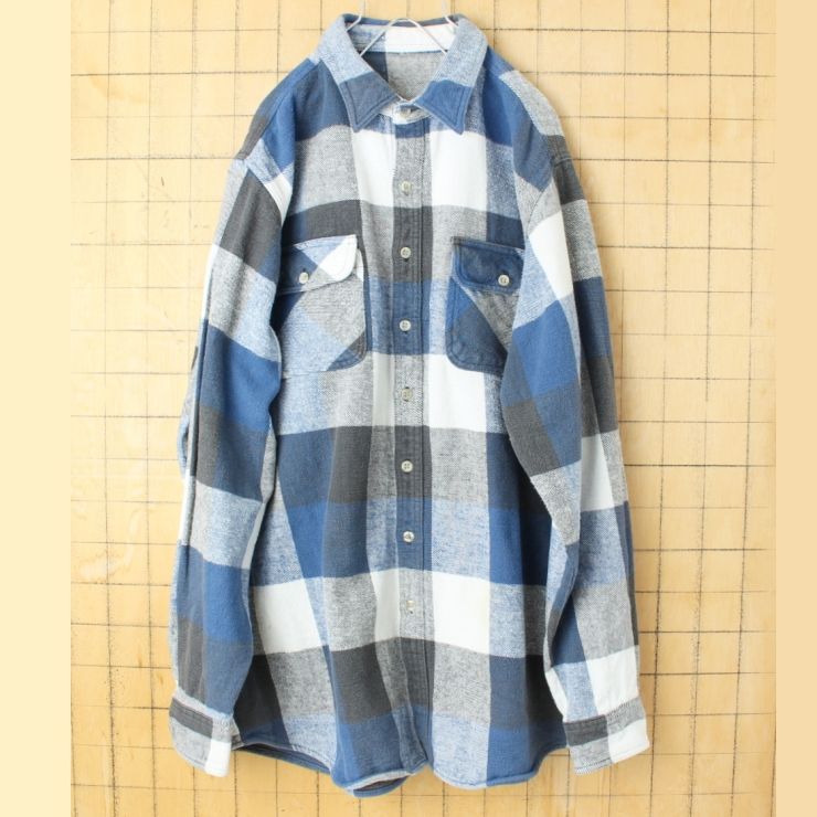 80s 90s USA ヘビーフランネル ブロックチェックシャツ ブルー ブラック メンズXL相当 長袖 アメリカ古着 092425aw99