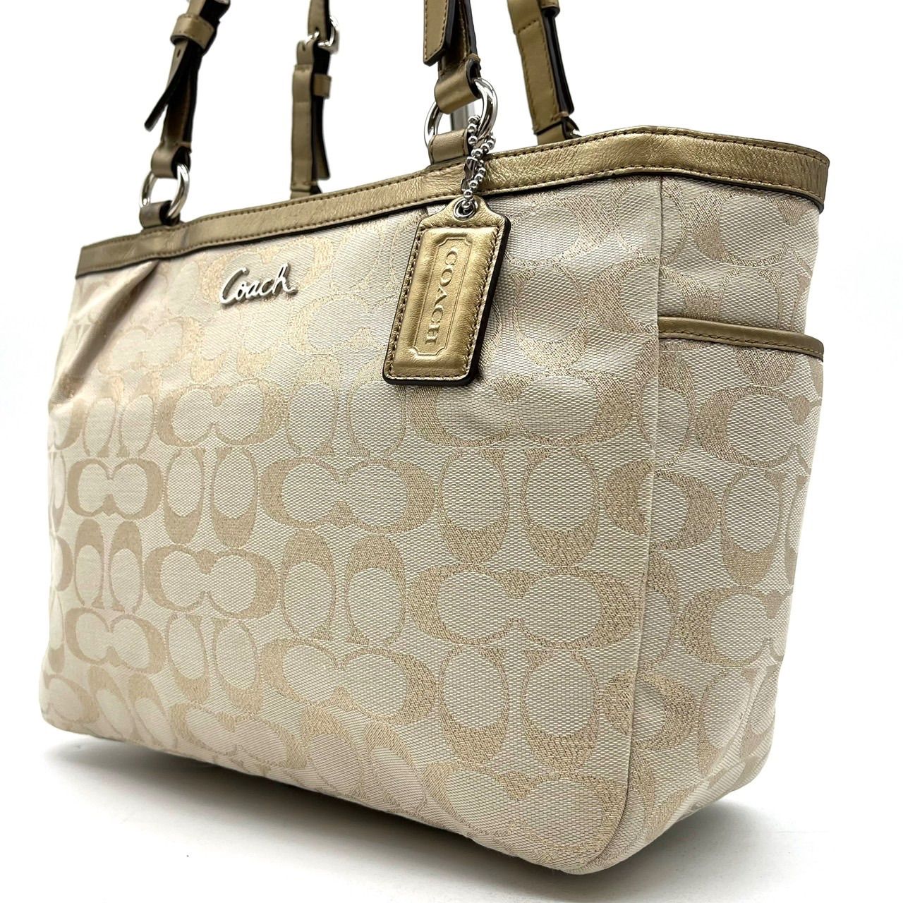 良品】 Coach Vintage y2k Medium canvas signature toot bag grey Tan 