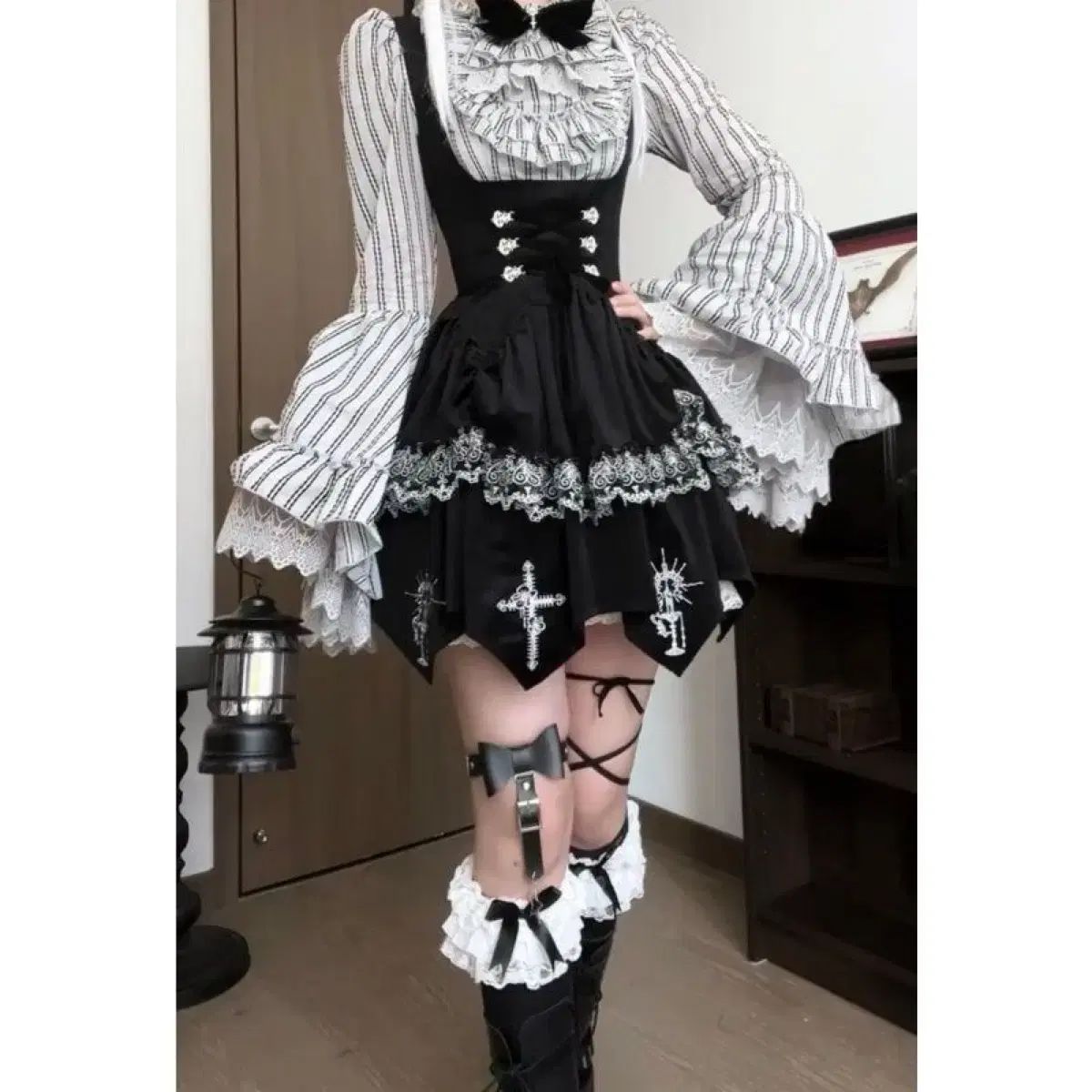 ゴシック リボン レース サスペンダー スカート トップス ONE PIECE セットアップ