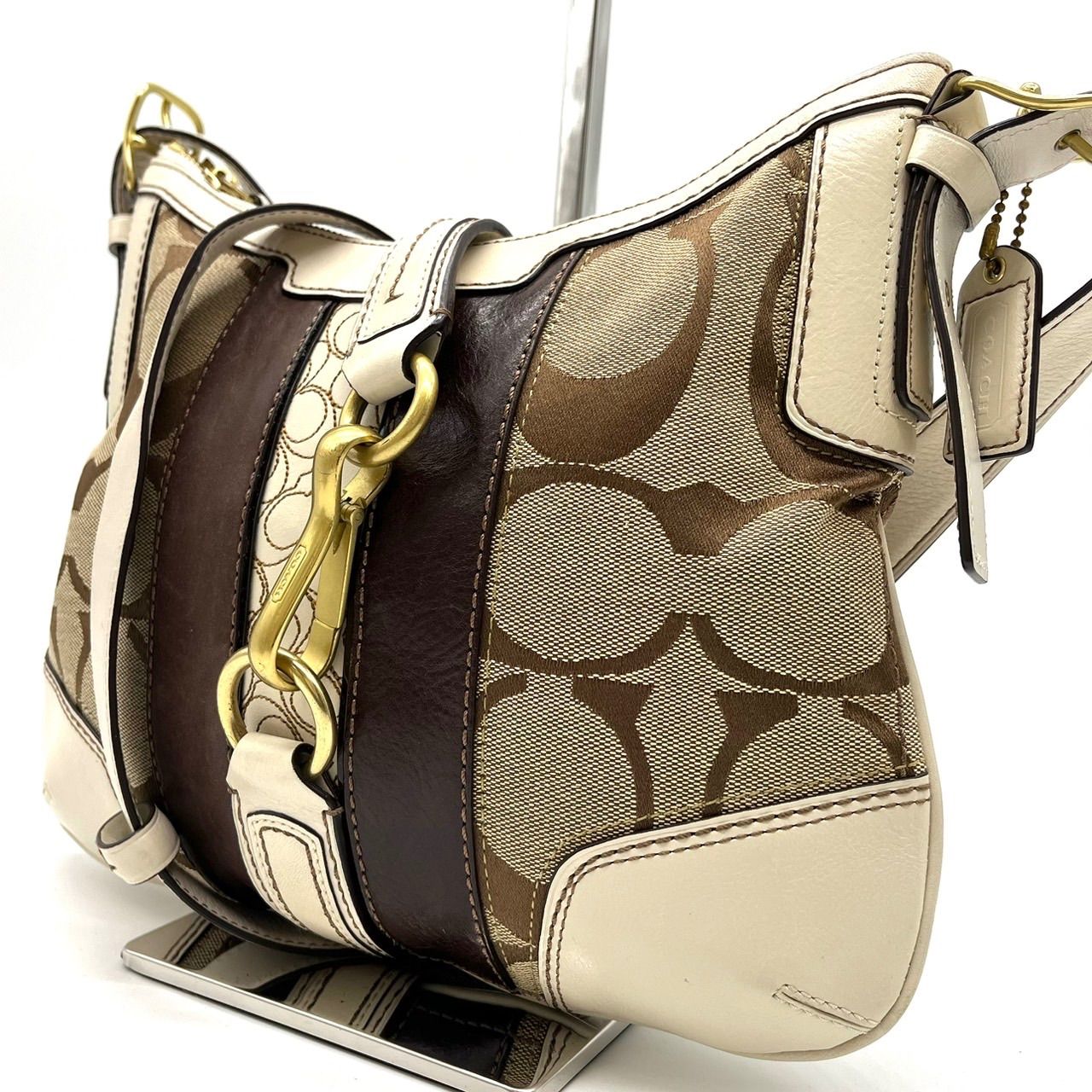 良品】 COACH Y2K brown canvas leather studs belt design gold hook 