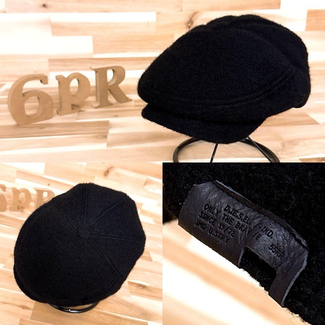 ディーゼル レザー タグ ウール ハンチング2wayキャスケット 黒ブラック