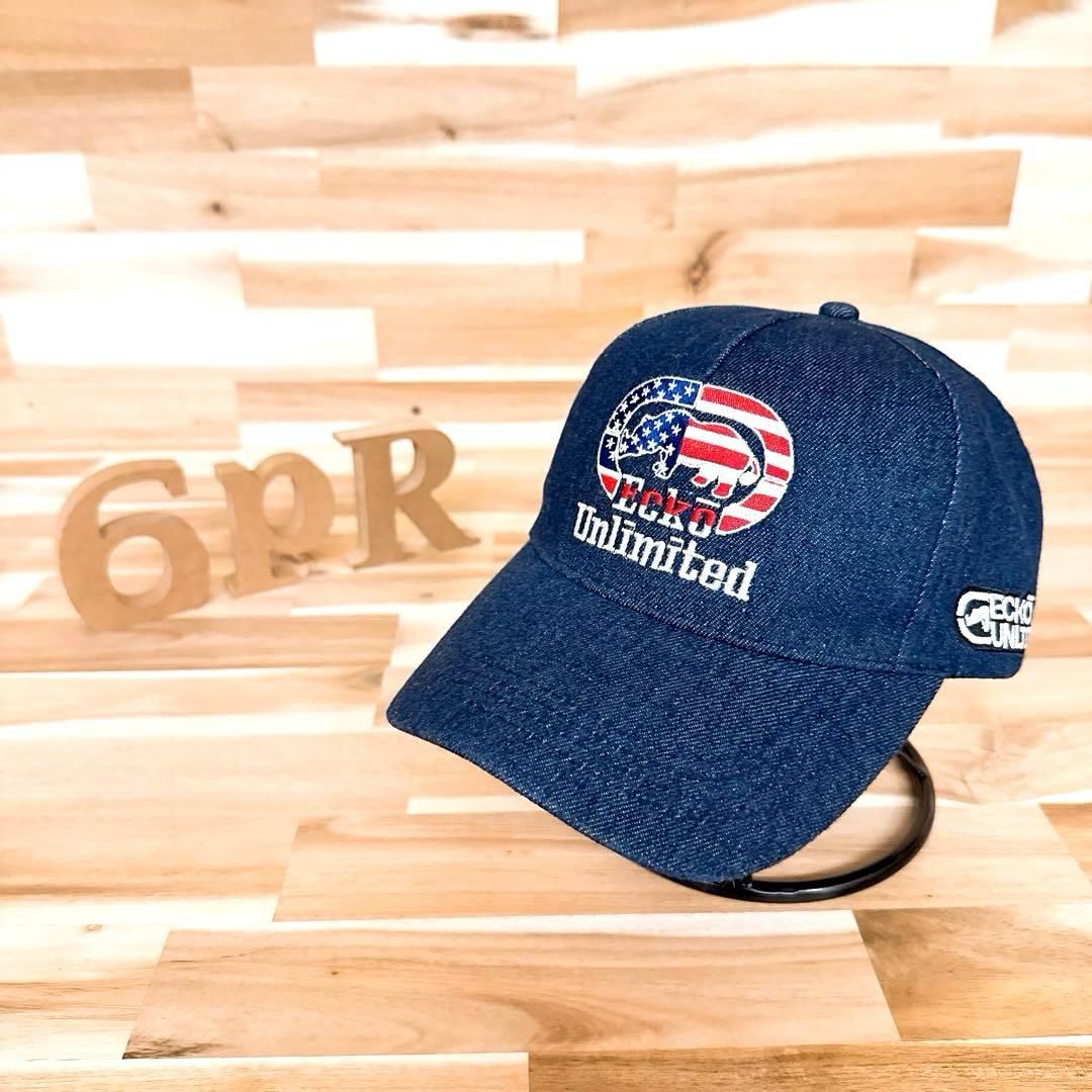 稀少【エコー】デニム キャップ アメリカ刺繍ロゴ アメリカン ストリート 紺×赤