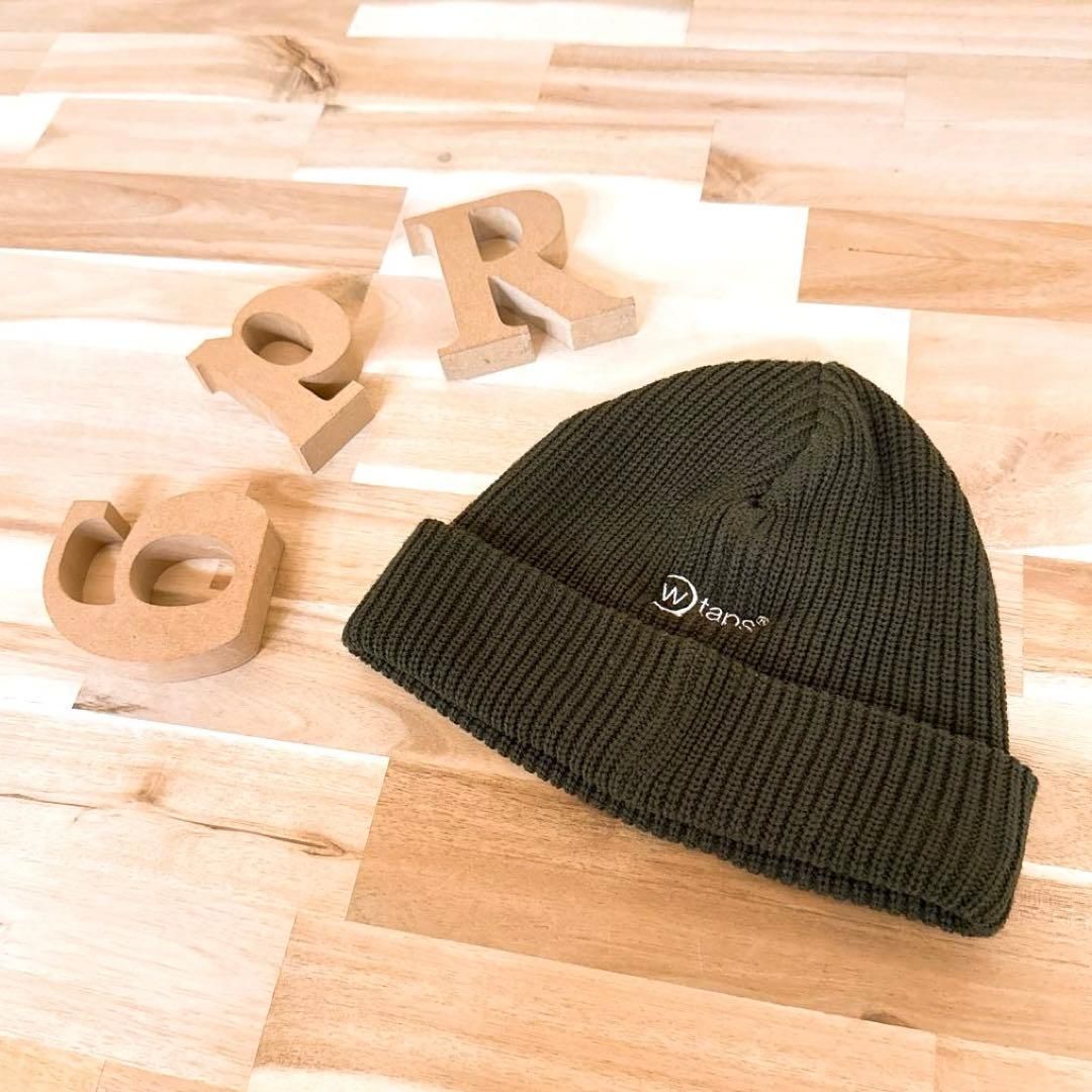 ダブルタップス ストライプ 刺繍ロゴ ケーブル ニット帽 オリーブ カーキ