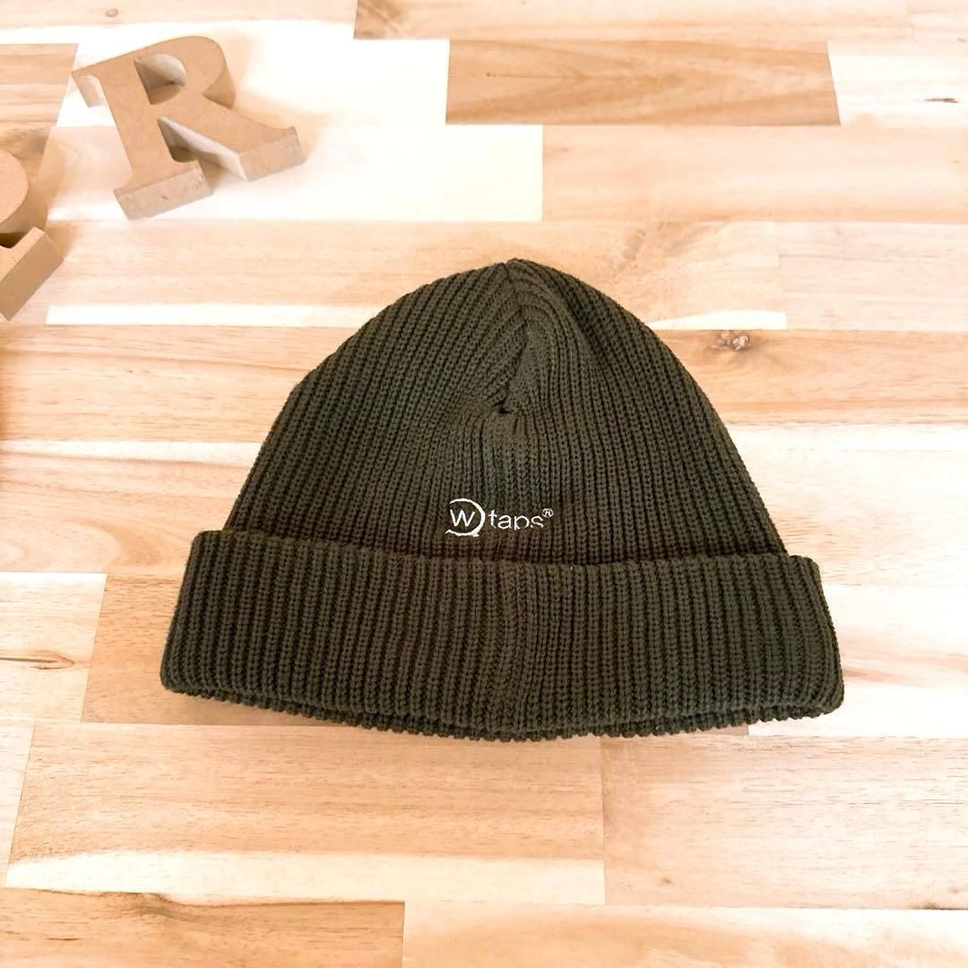 ダブルタップス ストライプ 刺繍ロゴ ケーブル ニット帽 オリーブ カーキ