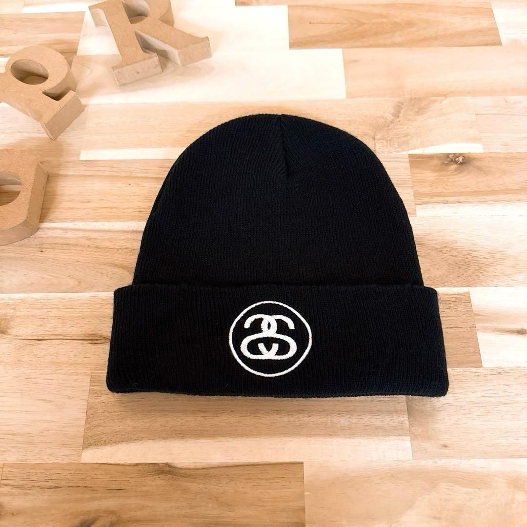 ステューシー サークル シャネル 刺繍 SSロゴ ニット帽 黒ブラック×白