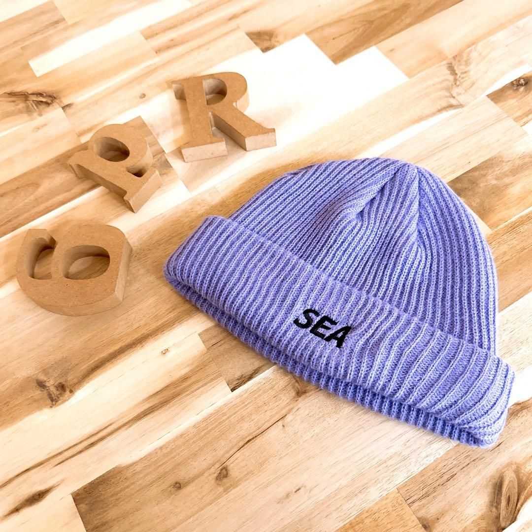 ウィンダンシー ストライプ編み アクリル SEAロゴ ニット帽紫パープル