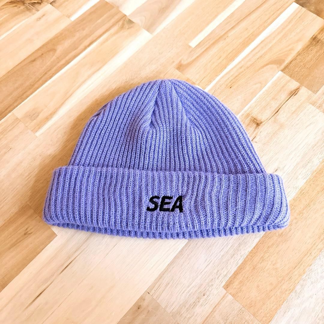 ウィンダンシー ストライプ編み アクリル SEAロゴ ニット帽紫パープル