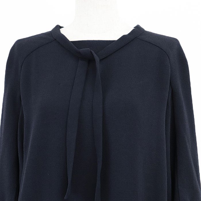 HERMES エルメス ワンピース マイクロツイード ウール シグネチャー ロゴ セリエボタン ギャザーフ スリーブ リボンタイ スクエアネック プルオーバー 無地 ドレス レディース サイズ 40 ネイビー 紺 フランス製