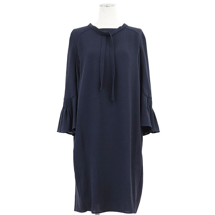 HERMES エルメス ワンピース マイクロツイード ウール シグネチャー ロゴ セリエボタン ギャザーフ スリーブ リボンタイ スクエアネック プルオーバー 無地 ドレス レディース サイズ 40 ネイビー 紺 フランス製