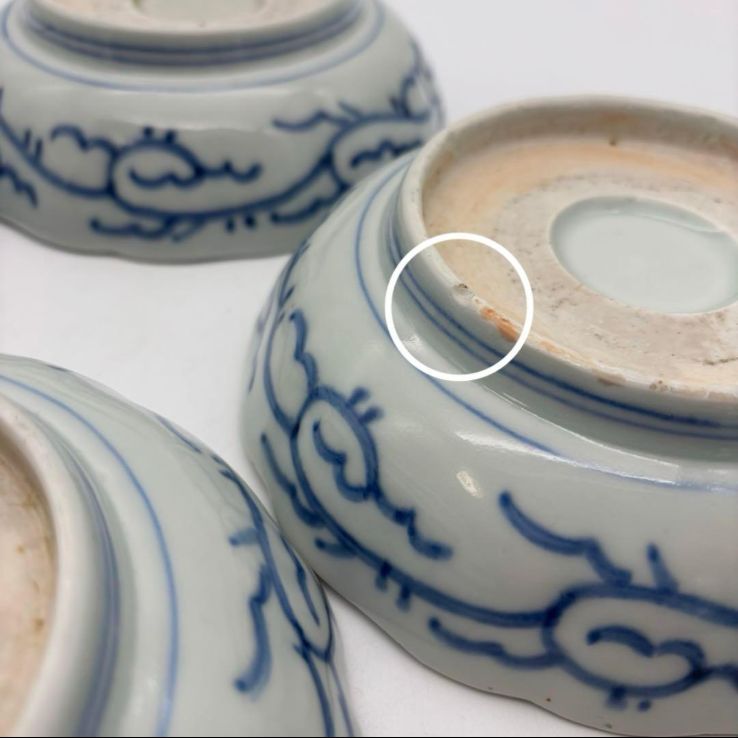 古伊万里】染付なます皿 4枚セット / 蝶唐草紋 丸窓松竹梅 当時物 骨董