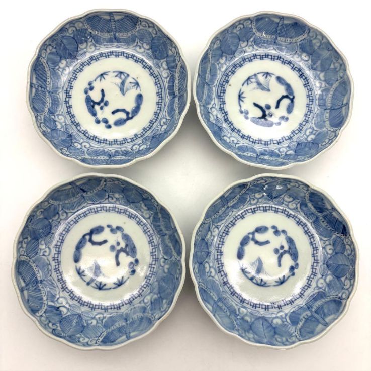 なます皿 4枚 染付 蝶 鳥 渦巻 風車 花弁縁 江戸 なます皿 4枚 染付 蝶 鳥 渦巻 風車 花弁縁 江戸