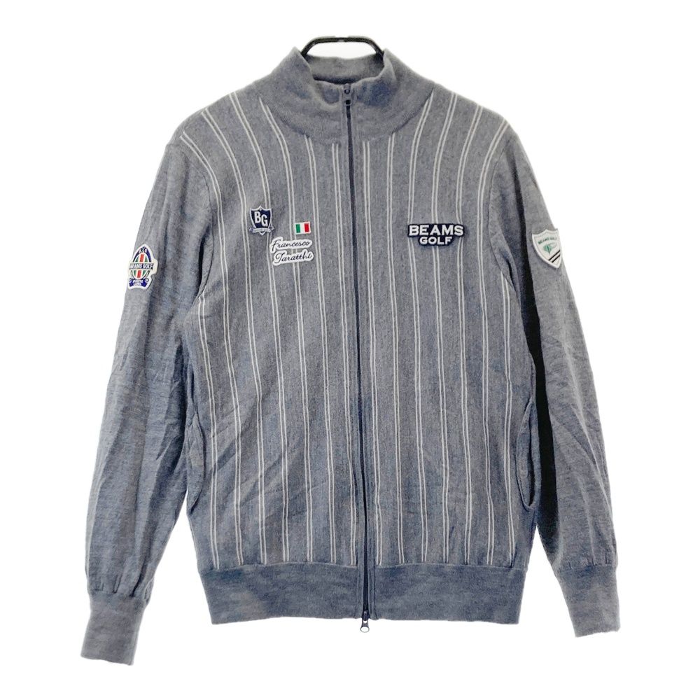 サイズ XL BEAMS GOLF ビームスゴルフ パープルレーベル 裏地付 ニット ジップジャケット ストライプ柄 グレー系 ゴルフウェア メンズ ストスト
