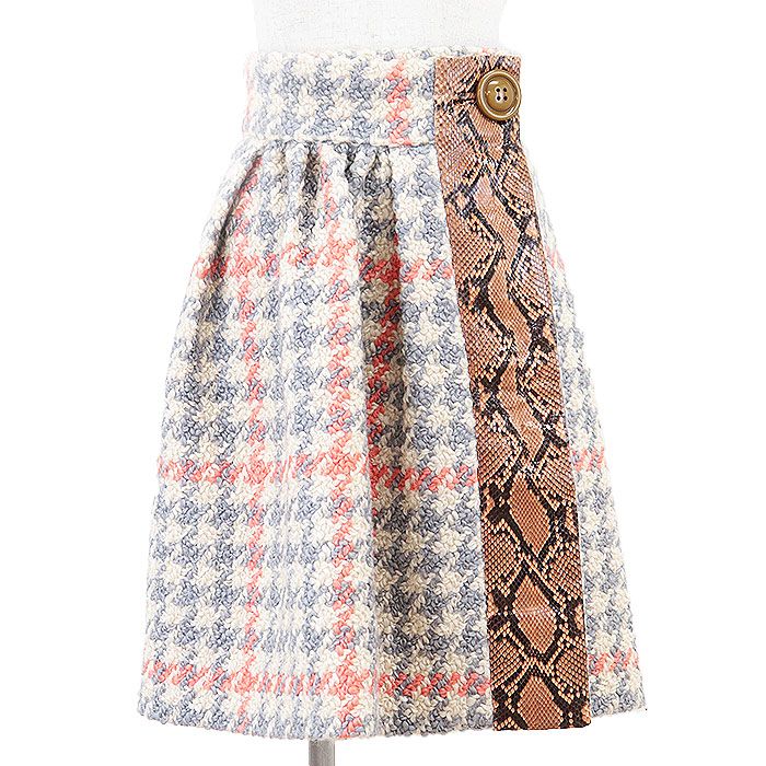 MiuMiu ミュウミュウ ラップスカート ニット バージンウール × コットン パイソン レザー パイピング ハウンドトゥース 千鳥格子柄 ボトムス レディース サイズ 38 マルチ イタリア製