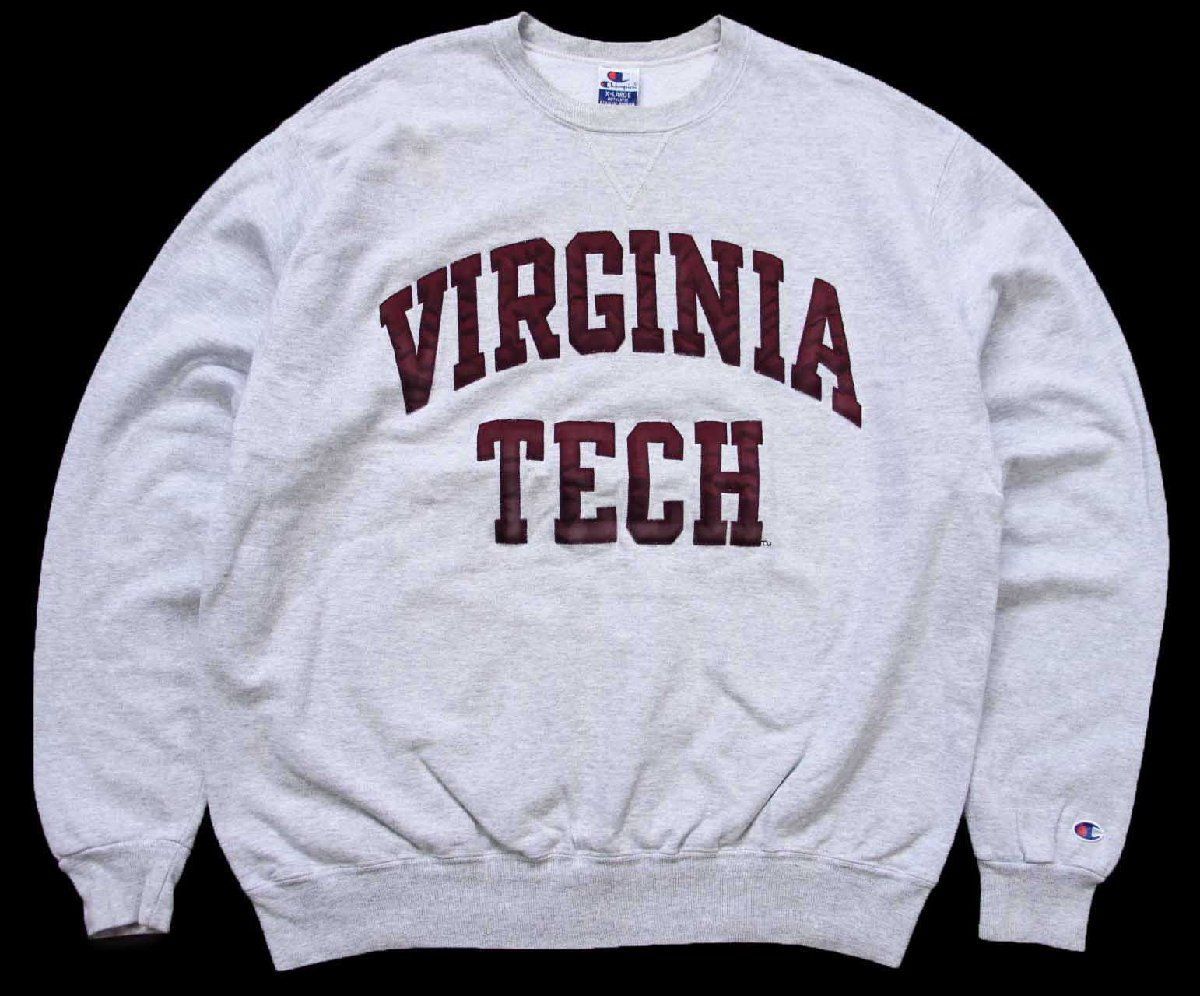 90s Championチャンピオン VIRGINIA TECH アップリケ 前V スウェット 杢グレー XL ビンテージ カレッジ ビッグサイズ