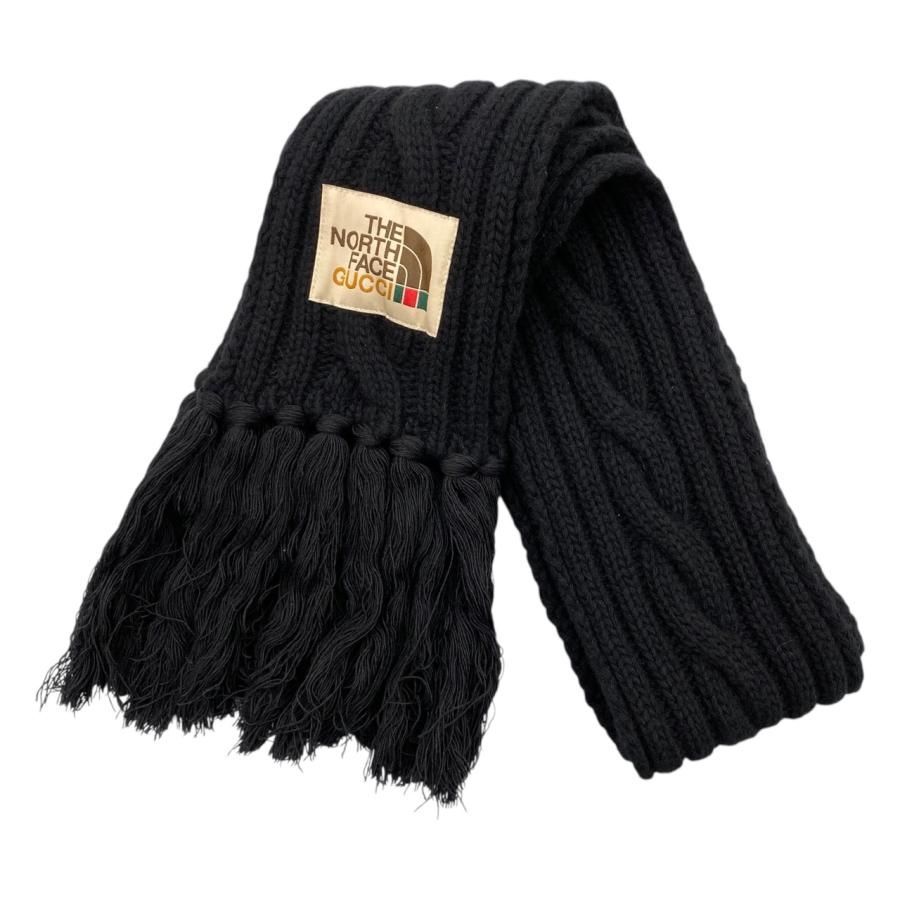 E 4776 グッチ ノースフェイスコラボ マフラー ロゴ フリンジ 653561 ウール ブラック GUCCI THE NORTH FACE