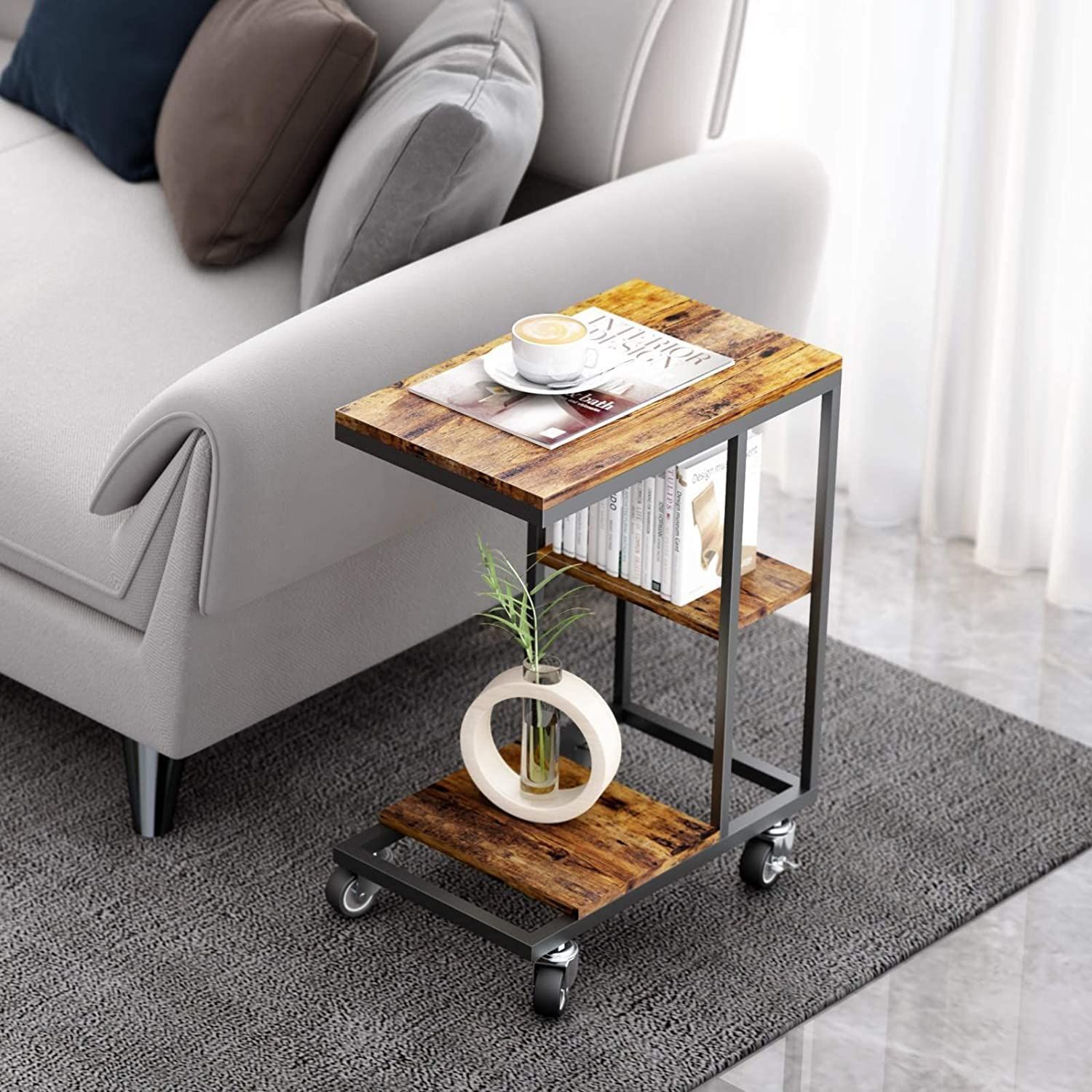 数量限定】キャスター付きコの字型デザイン ワゴン ベッド サイド