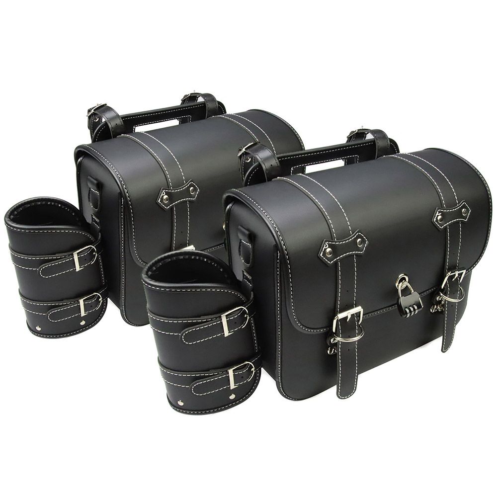 左右セット バイク汎用 大容量 30 L サイドバッグ カスタム 高品質PU素材使用 収納力抜群 ドリンクバッグ付きセット 黒色
