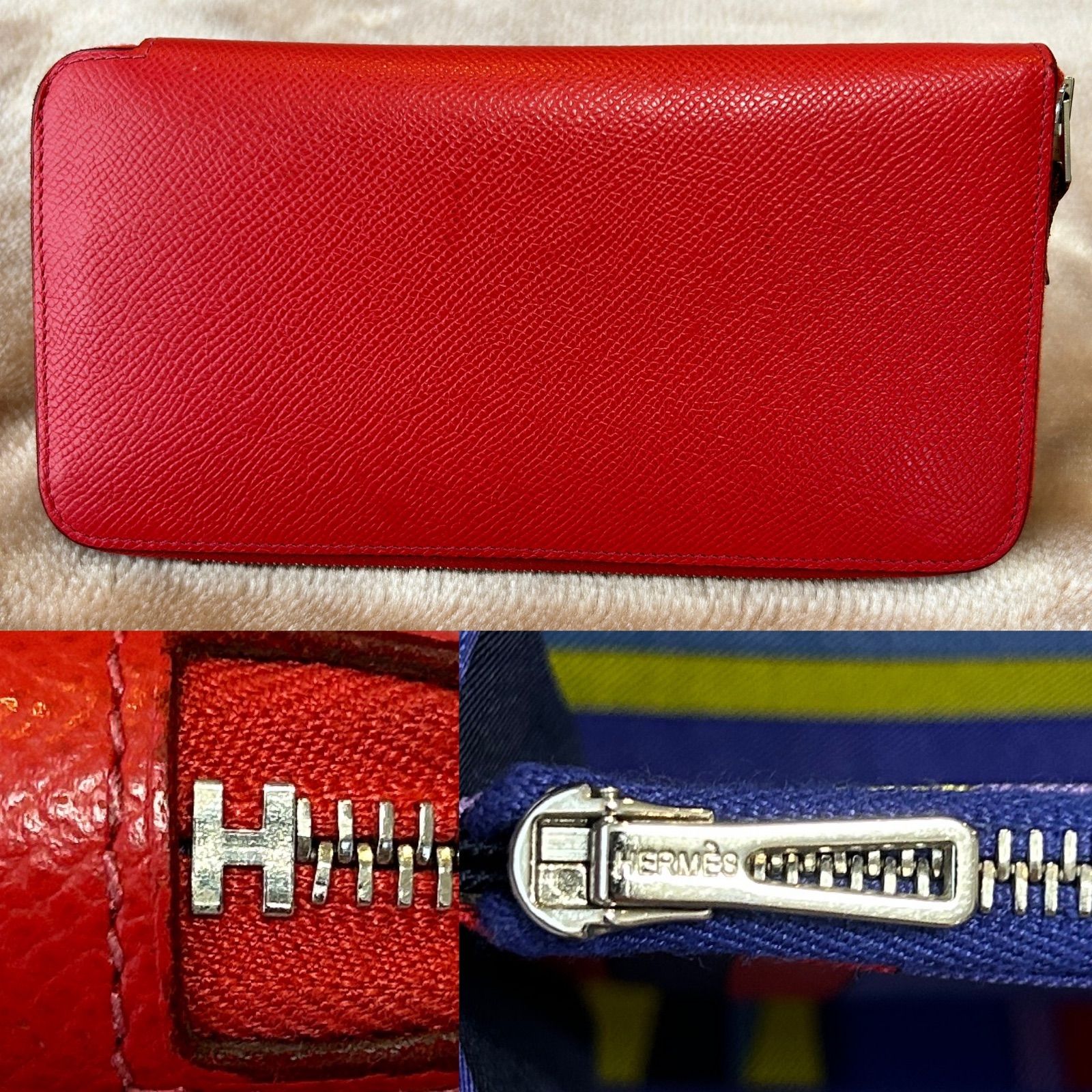 エルメスアザップシルクインロングファスナー付き長財布ラウンドジップウォレット赤色レッドHERMESレディース女性用婦人ユニセックス