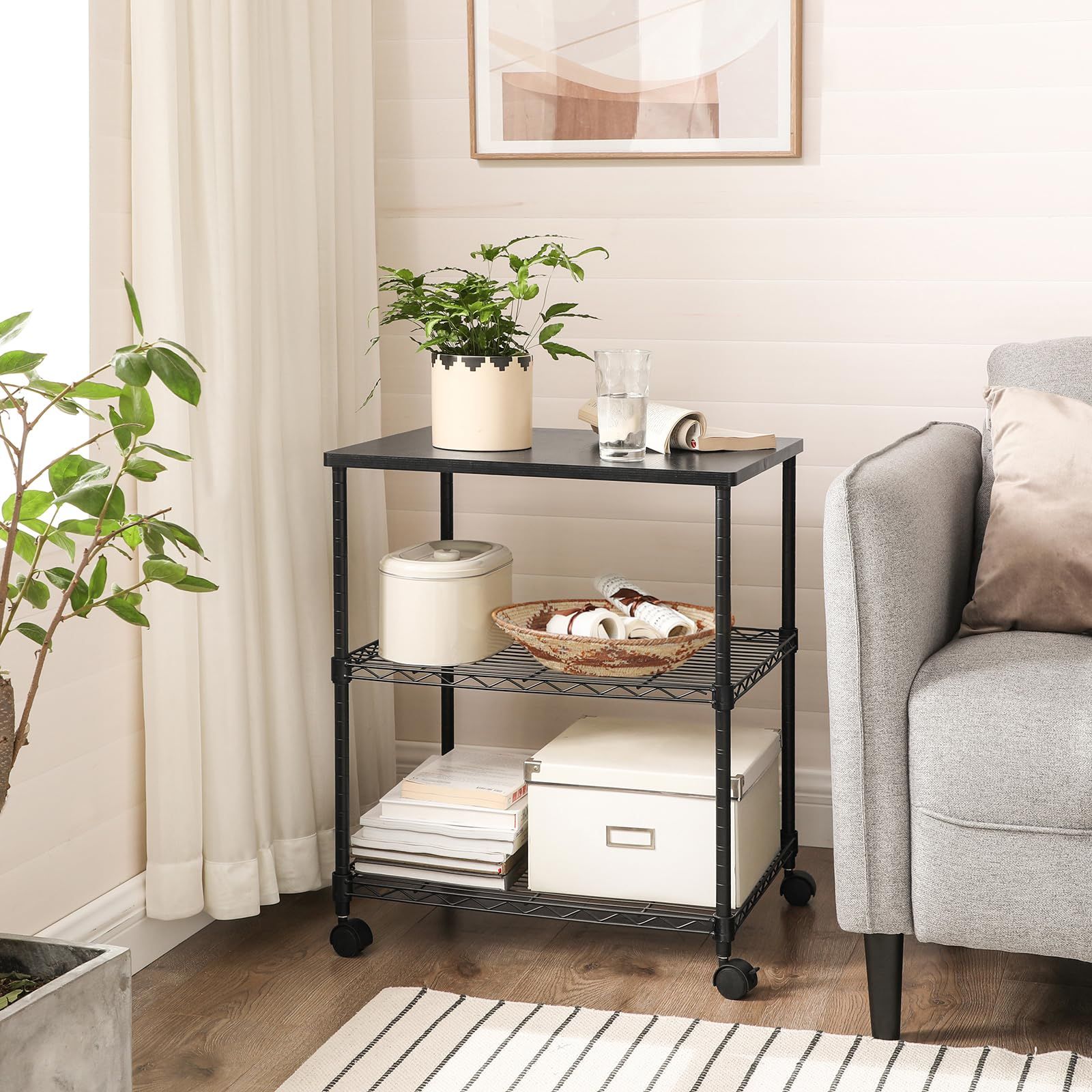 頑丈 サンワダイレクト シンプル 下棚付き 3段ベッドサイド用机 高さ68cm 奥行46cm おしゃれ 幅56cm デスク周り収納 サイドテーブル サイドワゴン 組立簡単 オフィスワゴン 収納 オフィス 袖机 LGR32BKV1 プリンターワゴン キャスター付