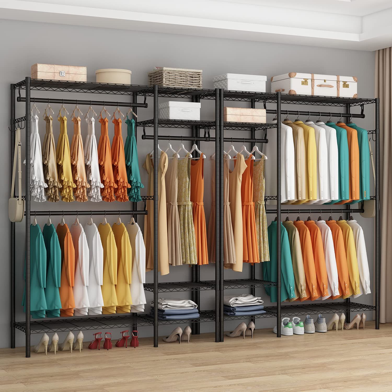 194 114 42 cm ブラック おしゃれ 棚付き 大容量 棚板高さ調節 コート掛け 省スペース 衣類収納 コートハンガー ハンガーラック ワードローブ Kanouhope