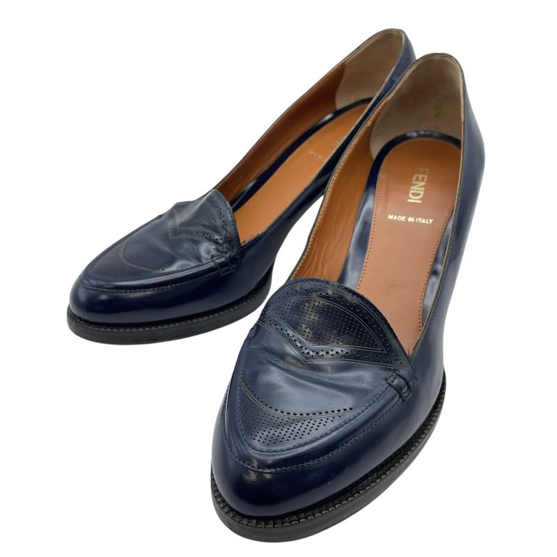 フェンディ FENDI バイ ヒールローファー ネイビー レザー レディース パンプス