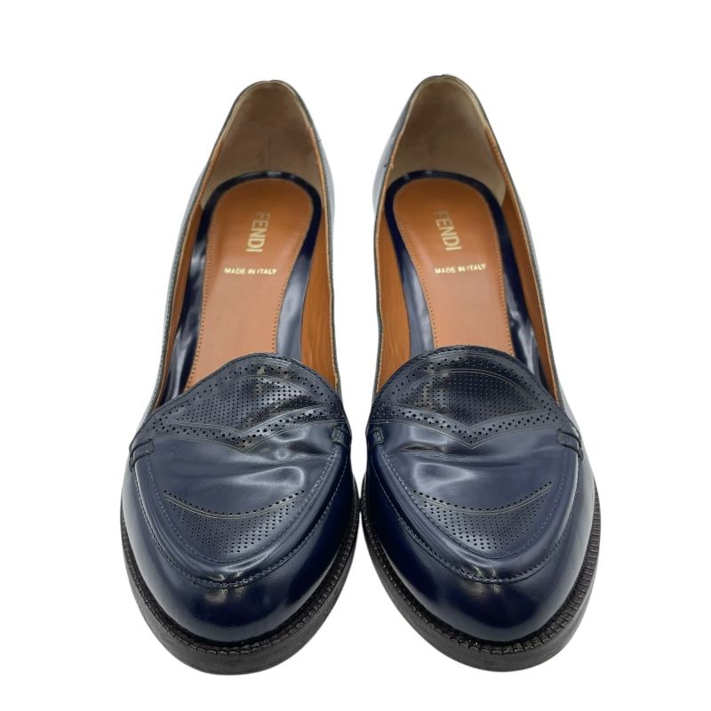 フェンディ FENDI バイ ヒールローファー ネイビー レザー レディース パンプス