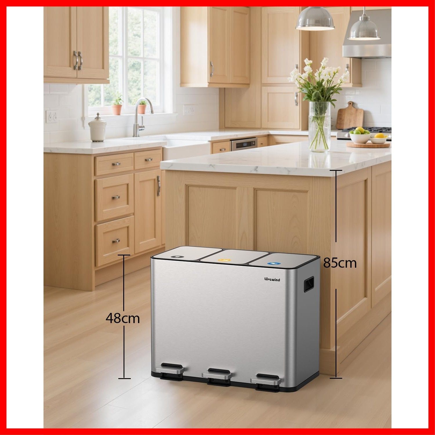 Lovewind 3x15L キッチンゴミ箱 分 蓋付き 3コンパートメント ステンレス製ゴミ箱 取り外し なインナーバケツ付き キッチン ホームオフィス用大型ゴミ箱 サイレントクローズ トリプルリサイクルペダルビン マグネットステッカー5枚 シルバールバ