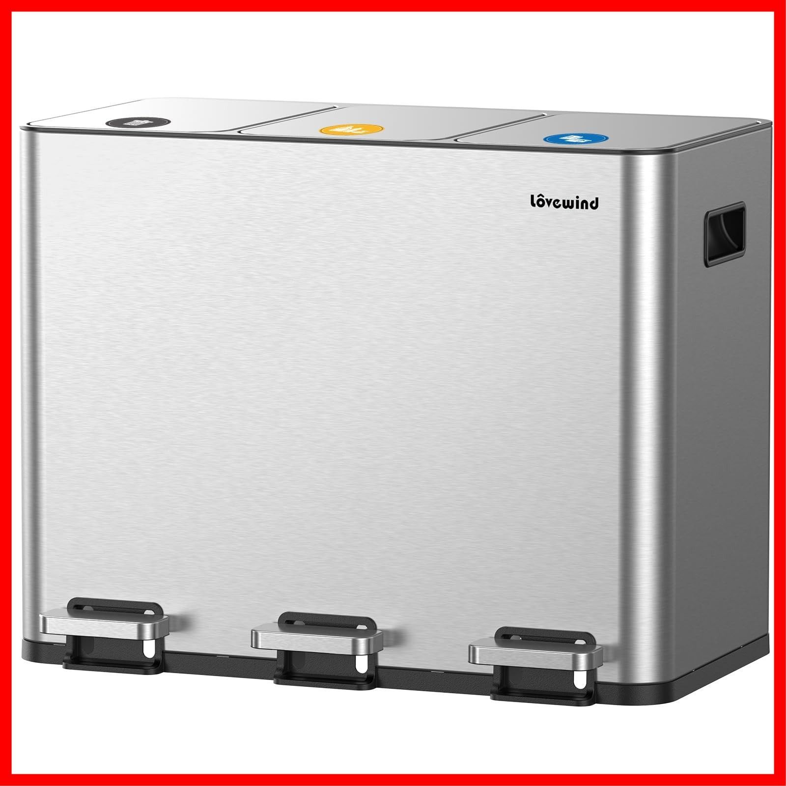 Lovewind 3 x 15 L キッチンゴミ箱 分 蓋付き 3コンパートメント ステンレス製ゴミ箱 取り外し なインナーバケツ付き キッチン ホームオフィス用大型ゴミ箱 サイレントクローズ トリプルリサイクルペダルビン マグネットステッカー シルバールバ