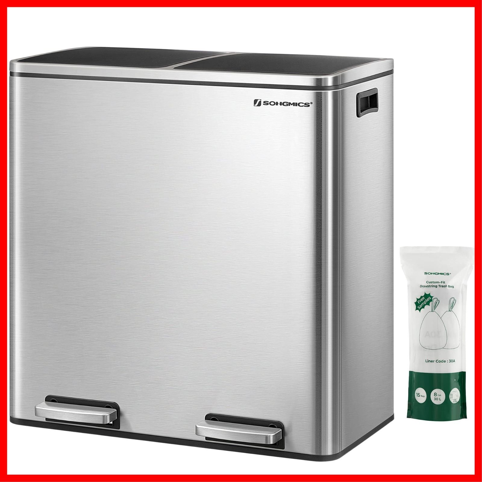 ステンレス 密閉 インナーバケット二つ 音無し 2x30L おしゃれ ペダル式 スリム ゴミ袋付き 室内 2分別 キッチン ダストボックス 蓋付き ゴミ箱 LTB60NL