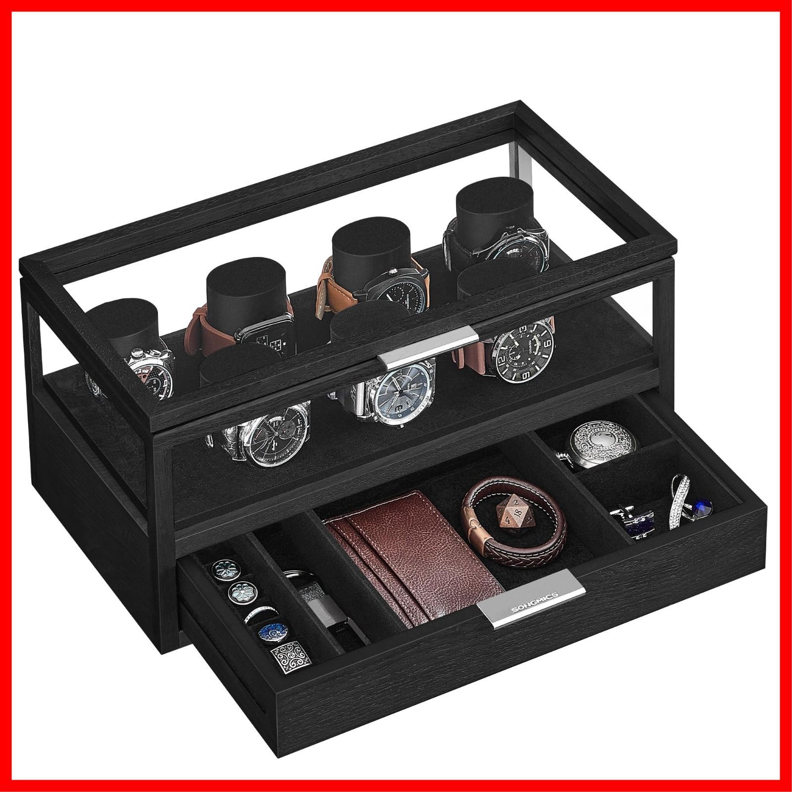 透明蓋 おしゃれ 木製 父の日プレゼント ウォッチケース メンズ 収納 レディース 2段時計保管ボックス 誕生日お祝いギフト 腕時計7本収納 ブラック 時計ケース JOW007B01