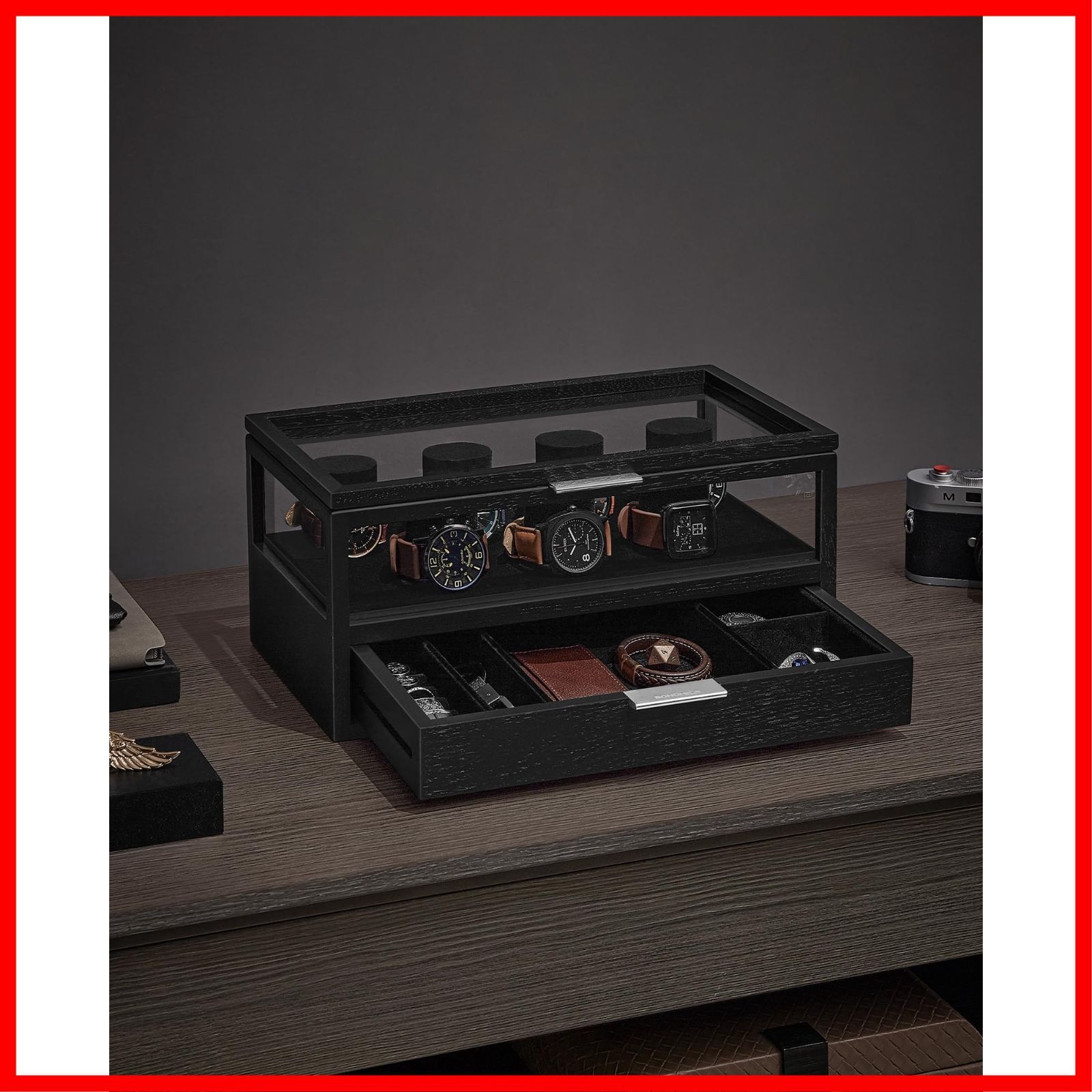 透明蓋 おしゃれ 木製 父の日プレゼント ウォッチケース メンズ 収納 レディース 2段時計保管ボックス 誕生日お祝いギフト 腕時計7本収納 ブラック 時計ケース JOW007B01