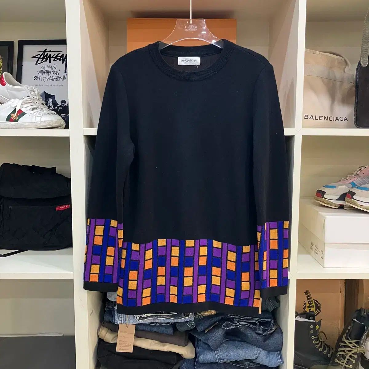 新品 イヴサンローラン アンサンブル ニット 長袖 チェック柄 金ボタン