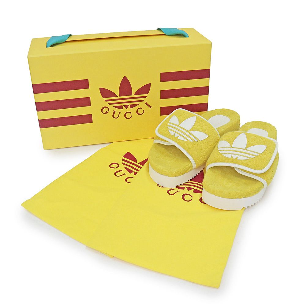 グッチ adidas アディダス コラボ トレフォイル スライド プラットフォーム サンダル 靴 38 cm GGコットン スポンジ イエロー ホワイト 702398 GUCCI