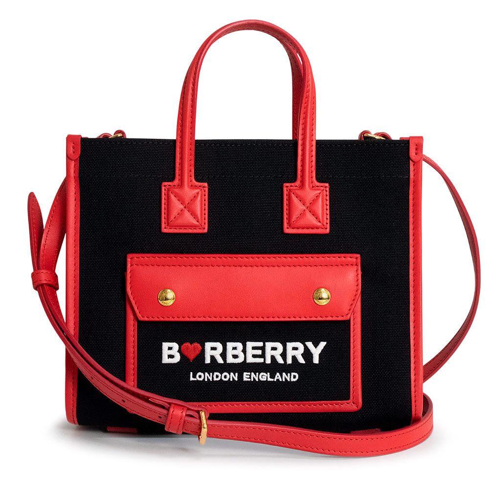 バーバリー ツートン ミ二 フレヤ トート 2way ショルダー ハンドバッグ 斜め掛け コットンキャンバス カーフスキン レザー ブラック レッド ゴールド金具 8071649 BURBERRY