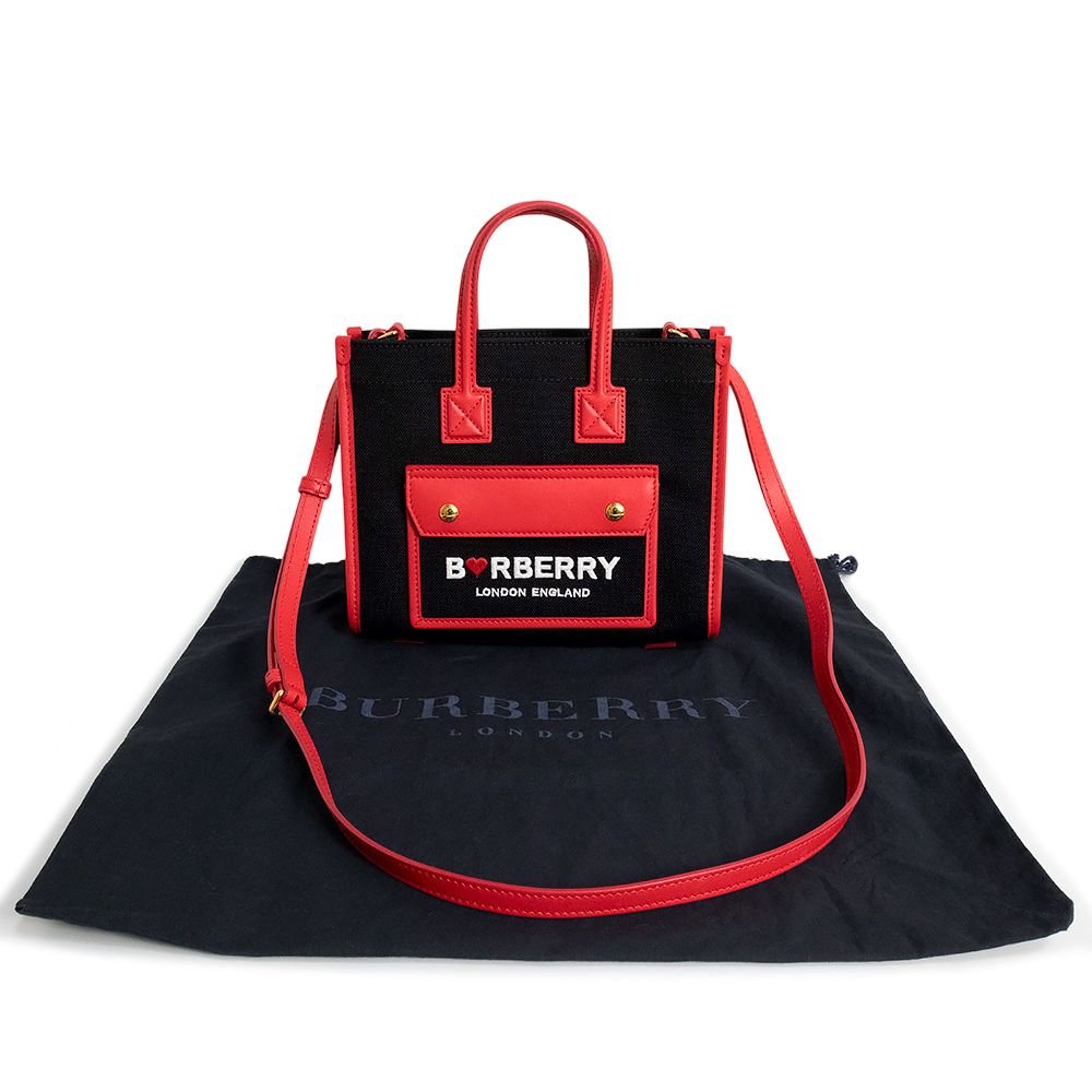 バーバリー ツートン ミ二 フレヤ トート 2way ショルダー ハンドバッグ 斜め掛け コットンキャンバス カーフスキン レザー ブラック レッド ゴールド金具 8071649 BURBERRY